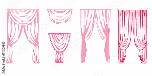 Collection of elegant pink draped curtains and swags in various styles and sizes