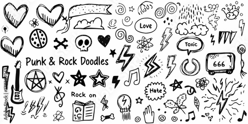 Collection of hand drawn punk rock doodles and symbols including hearts skulls lightning bolts and music notes