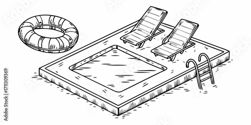 Hand drawn isometric illustration of a swimming pool with lounge chairs a swim ring and a ladder