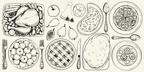 Hand drawn illustration of a festive meal with roasted turkey pie fruits and vegetables on a light background