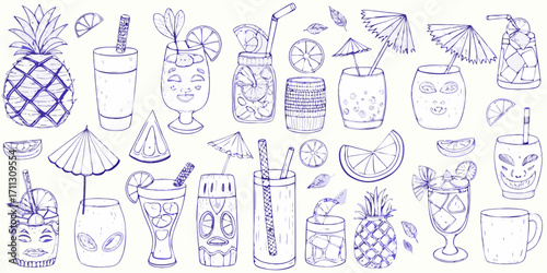 Collection of hand drawn tropical cocktails and fruits with fun faces and tiki elements