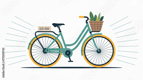 Eco friendly bicycle illustration for sustainable transport and green commuting with basket and plants concept