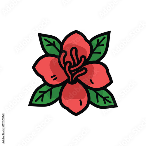 Red blossom illustration showcases botanical beauty with verdant foliage and dark outlines on white background