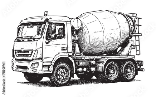 concrete mixer truck engraving vector style
