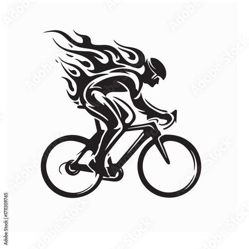 Fast Cyclist with Flames Silhouette Logo Vector isolated on white background