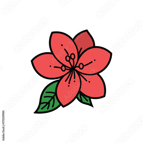Simple stylized five petal red flower illustration with green leaves on a white background