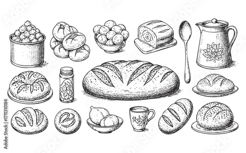 bakery cake bread set bundle engraving vector style