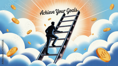 Achieve success climbing ladder to financial freedom and goals in the sky with hard work and motivation