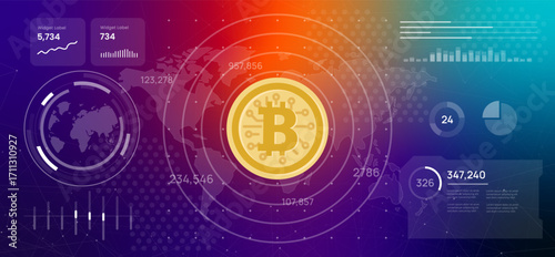 High tech digital dashboard Bitcoin symbol surrounded by data analytics represents modern finance digital currency secure decentralized network of blockchain global scale
