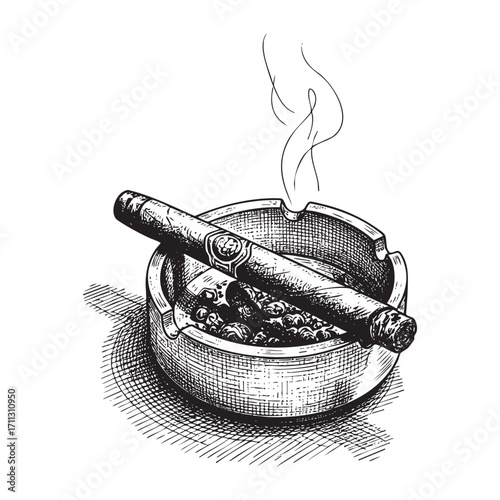 Smoking cigar and ashtray engraving vector style