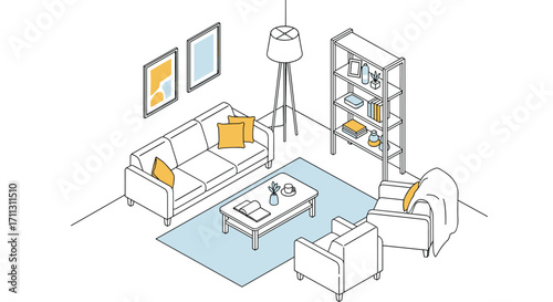 Cozy living room interior with comfortable sofa and modern furniture arrangement.