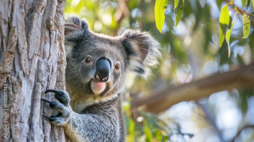 Obraz premium Koala Bear Clinging to Tree in Natural Forest Setting