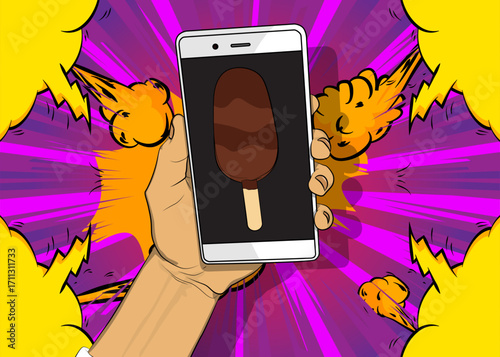 Cartoon Smartphone, comic book Telephone with Ice Cream. Retro vector comics pop art design.