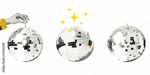 Three disco balls with a hand holding one and yellow stars above another on a white background
