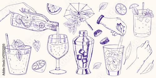 Hand drawn illustration of summer drinks being prepared with fresh fruit and ice