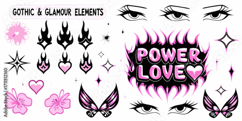 Gothic and glamour elements collection featuring flames hearts butterflies eyes stars and text