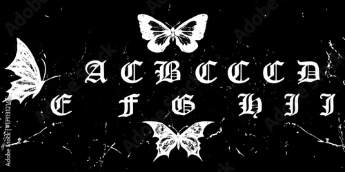 Konstfotografi Gothic alphabet letters a to j with white butterflies on a textured black backgr