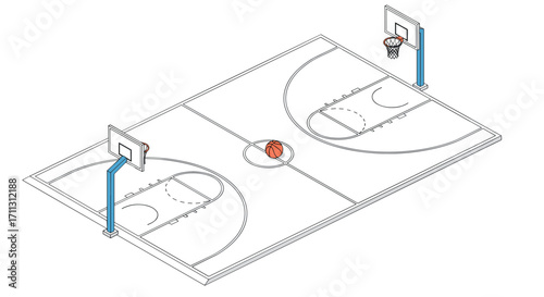 Basketball court diagram showing key areas and boundaries for gameplay.