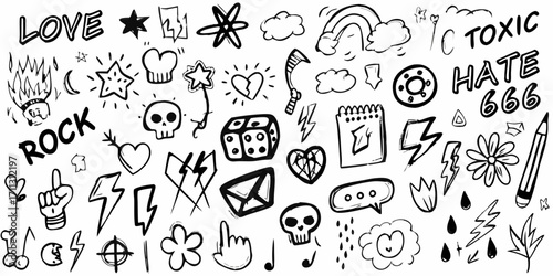 Collection of hand drawn doodle icons and symbols representing rock music love hate and rebellion