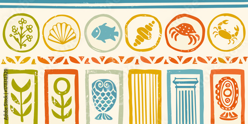 Retro mid century modern style illustration featuring marine life and botanical motifs in circles and rectangles