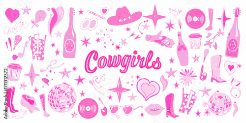 Pink cowgirl themed collage of icons and illustrations with the word cowgirls in the center