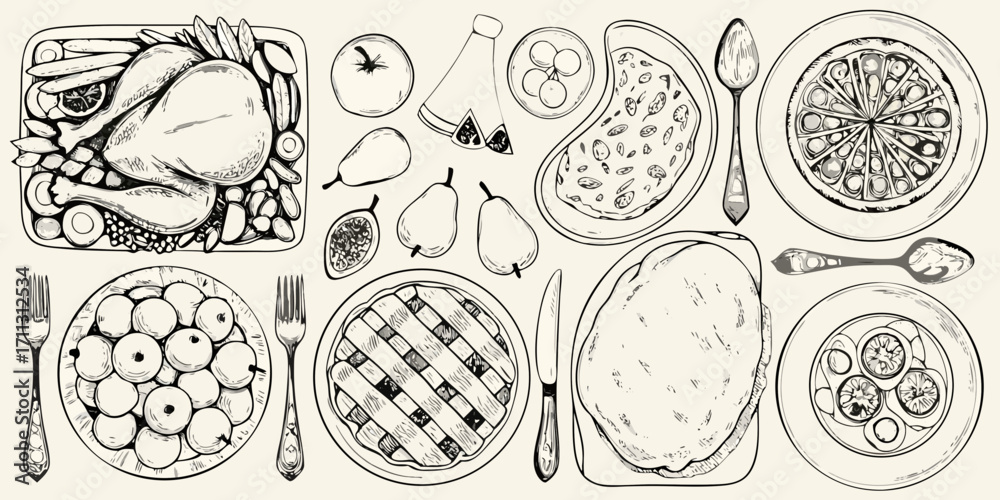 Obraz premium Hand drawn illustration of a festive meal with roasted turkey pie fruits and vegetables on a light background