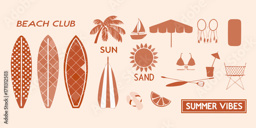 Beach club summer vibes with surfboards palm tree sun umbrella and bikini illustration
