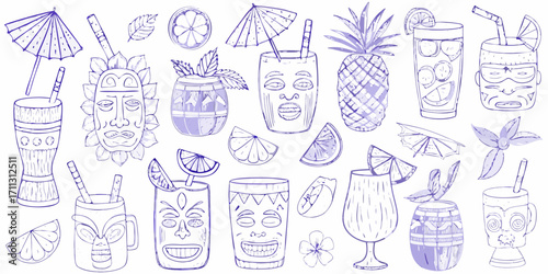 Collection of hand drawn tiki cocktails pineapple slices and tropical elements in purple ink