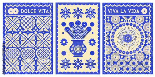 Triptych of mexican folk art inspired designs featuring floral motifs and cultural phrases