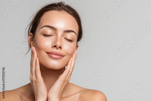 Beautiful young woman with closed eyes touching face isolated on grey background showing fresh clean healthy skin after washing skincare concept portrait with copy space for text or advertising
