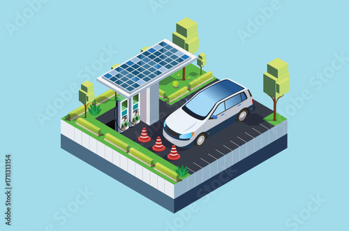 Isometric Charging electric cars at toll road rest area with fast supercharger stations and many charging points. Vehicles at renewable solar panel energy battery storage station on grid network. 