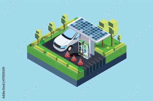 Isometric Charging electric cars at toll road rest area with fast supercharger stations and many charging points. Vehicles at renewable solar panel energy battery storage station on grid network. 