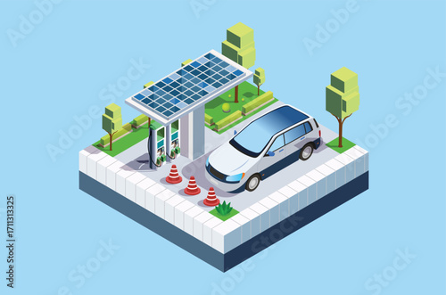 Isometric Charging electric cars at toll road rest area with fast supercharger stations and many charging points. Vehicles at renewable solar panel energy battery storage station on grid network. 