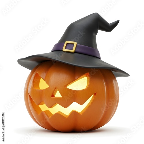 Halloween pumpkin with witch hat isolated on white background. 3d render