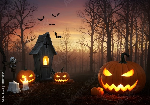 Halloween background with pumpkins and witch's house in the forest