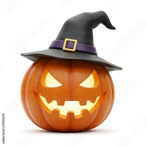 Halloween pumpkin with witch hat isolated on white background. 3d render