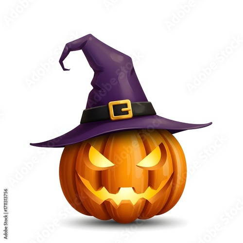 Halloween pumpkin with witch hat. Vector illustration on white background.