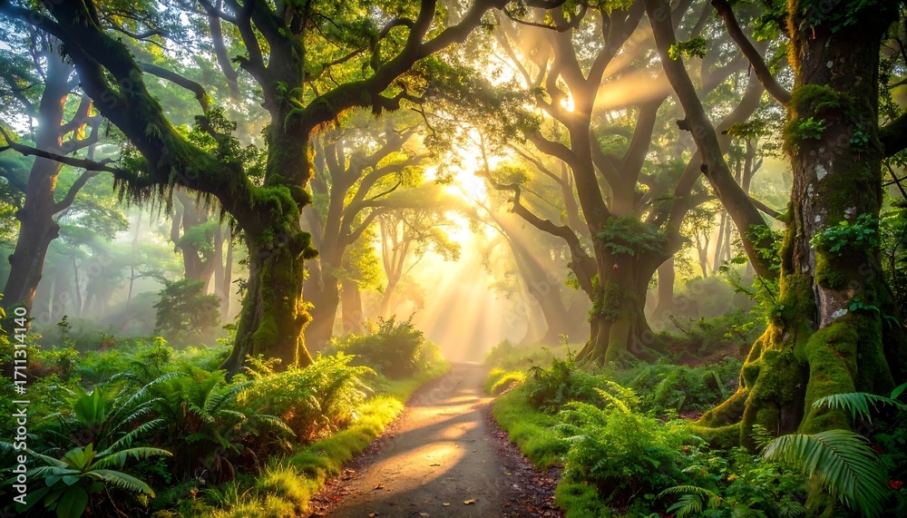 Fototapeta premium A sun-drenched forest path leads through lush greenery, illuminated by golden light filtering through towering trees. A tranquil and verdant scene