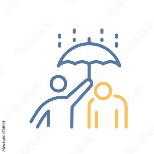 Person holding umbrella to protect another icon. Thin line vector illustration with editable stroke for help, kindness, support, friendship, protection, empathy and mental health concepts