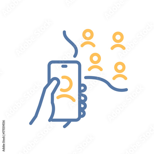 Hand holding smartphone with people network icon. Thin line vector illustration with editable stroke for social media, online communication, digital community, contacts, networking and connection