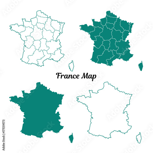 Teal France Map Outlines Four Versions on White Background