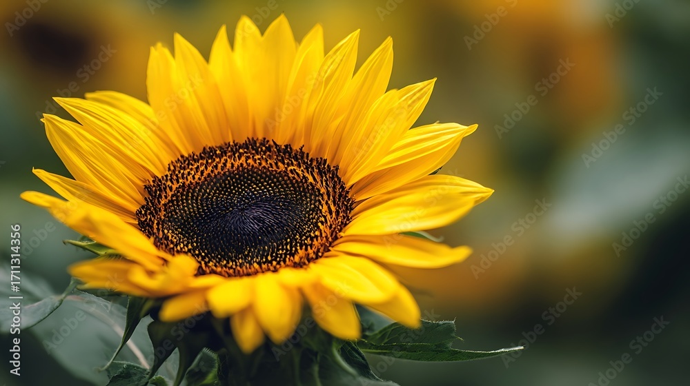 Naklejka premium Bright Yellow Sunflower Blooming in Garden with Green Leaves and Natural Lighting
