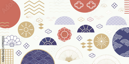 Japanese inspired geometric patterns and motifs with traditional fans and clouds