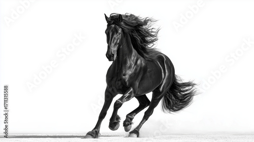 白黒のかっこいい馬が走る写真