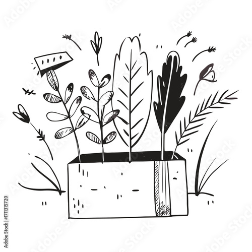 Black and white hand drawn plants in a planter leaves