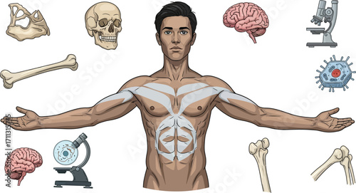 Anatomical illustration of a man surrounded by bones brains microscopes and cells in a diagram format