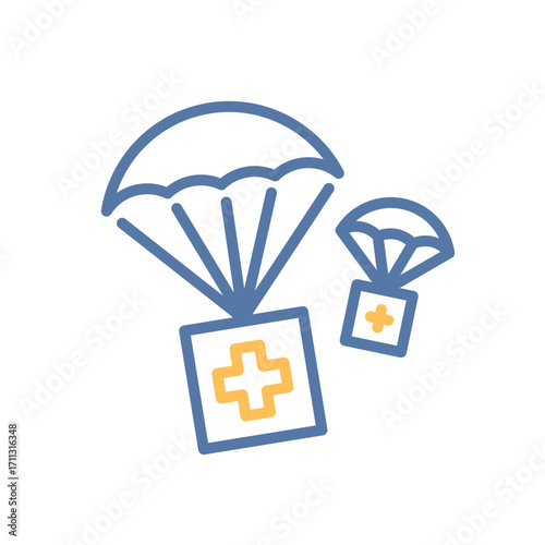 Parachute with medical supply box icon. Thin line vector illustration with editable stroke for humanitarian aid, emergency relief, crisis response, donation, support and supply delivery concepts