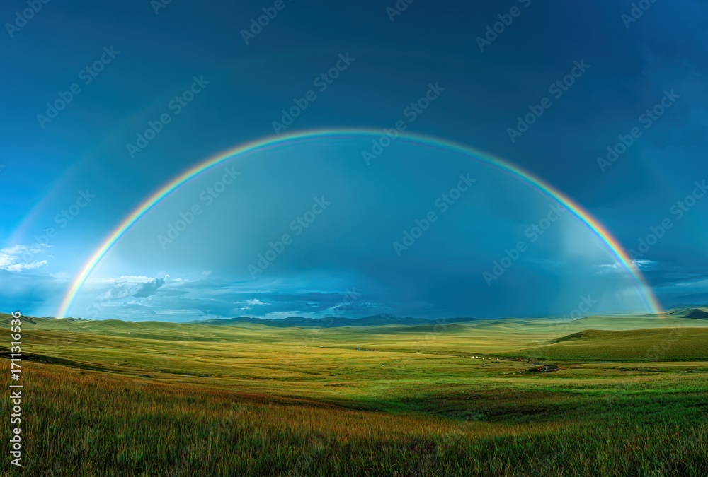 Obraz premium Vivid rainbow arches over a vast, verdant field, meeting a bright blue sky with soft clouds, creating a serene, idyllic landscape scene