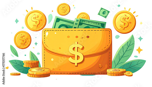 A vibrant illustration of an orange wallet filled with money and coins, surrounded by dollar signs, foliage, and sparkles