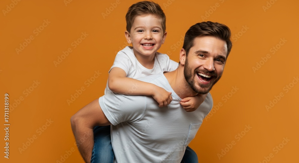 Obraz premium Cheerful father piggybacking his son against a vibrant orange backdrop in studio